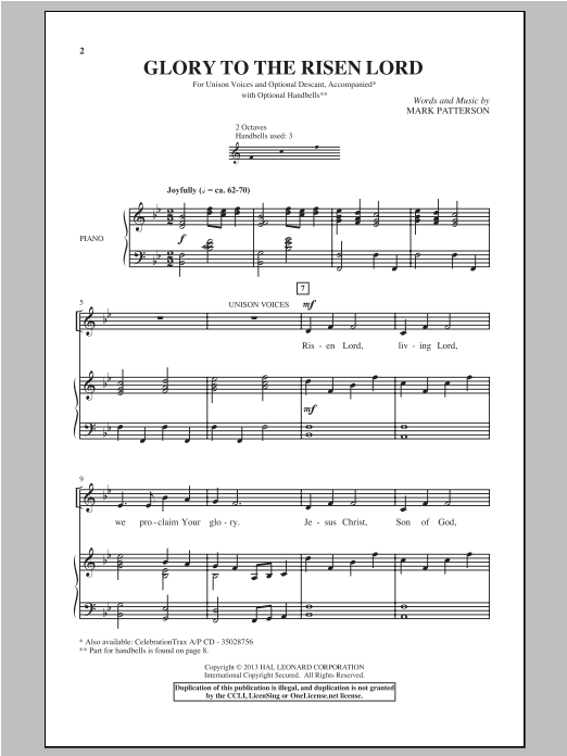 Mark Patterson Glory To the Risen Lord sheet music, chords, lyrics - Printable PDF for Unison Voice