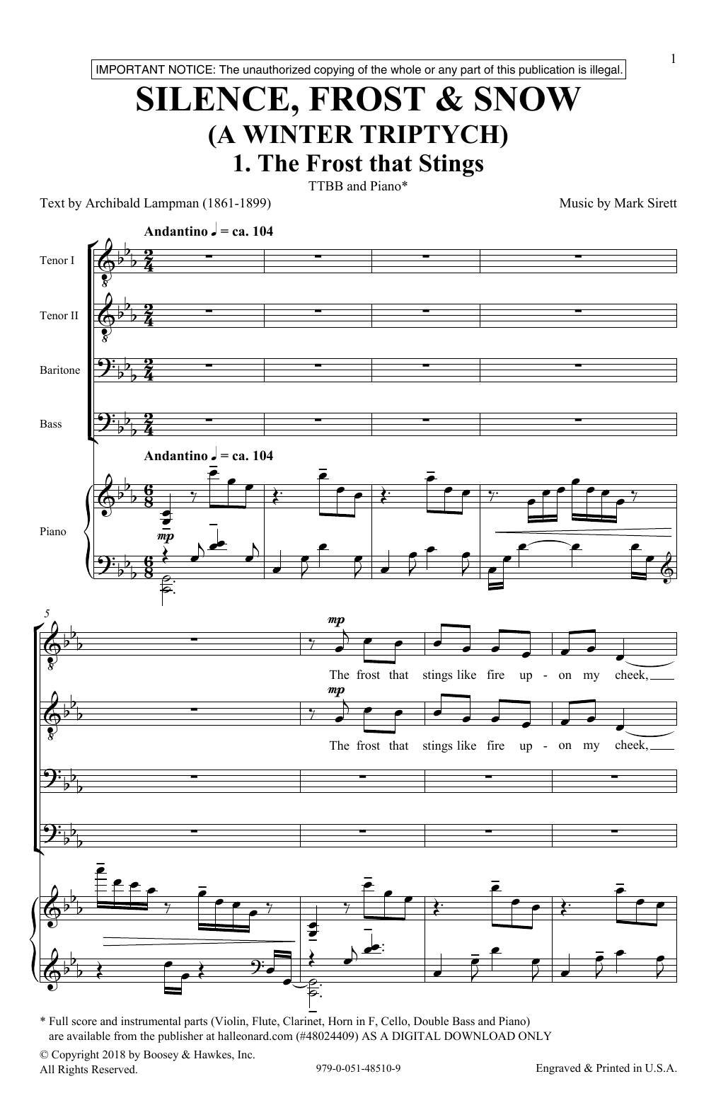 Mark Sirett Silence, Frost & Beauty (A Winter Triptych) sheet music, chords, lyrics - Printable PDF for TTBB Choir