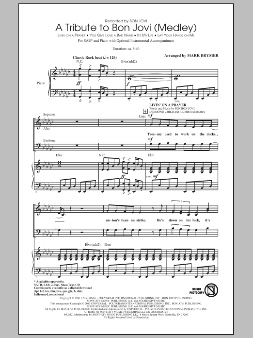 Learn to play Mark Brymer A Tribute To Bon Jovi (Medley) sheet music for 2-Part Choir in minutes. Mark Brymer A Tribute To Bon Jovi (Medley) sheet music preview music notes and score for 2-Part Choir including 19 page(s)