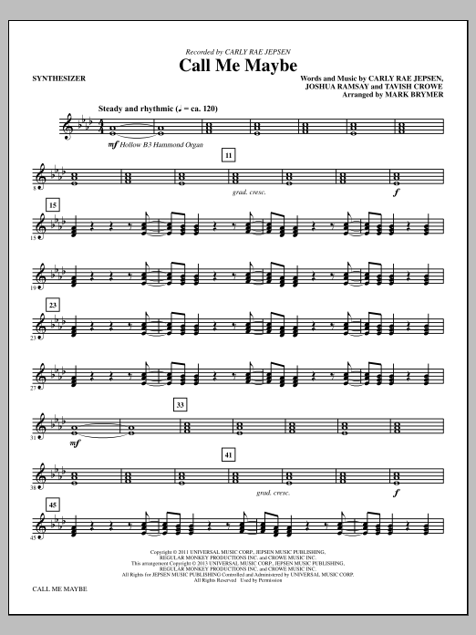 Learn to play Mark Brymer Call Me Maybe - Synthesizer sheet music for Choir Instrumental Pak in minutes. Mark Brymer Call Me Maybe - Synthesizer sheet music notes and chords