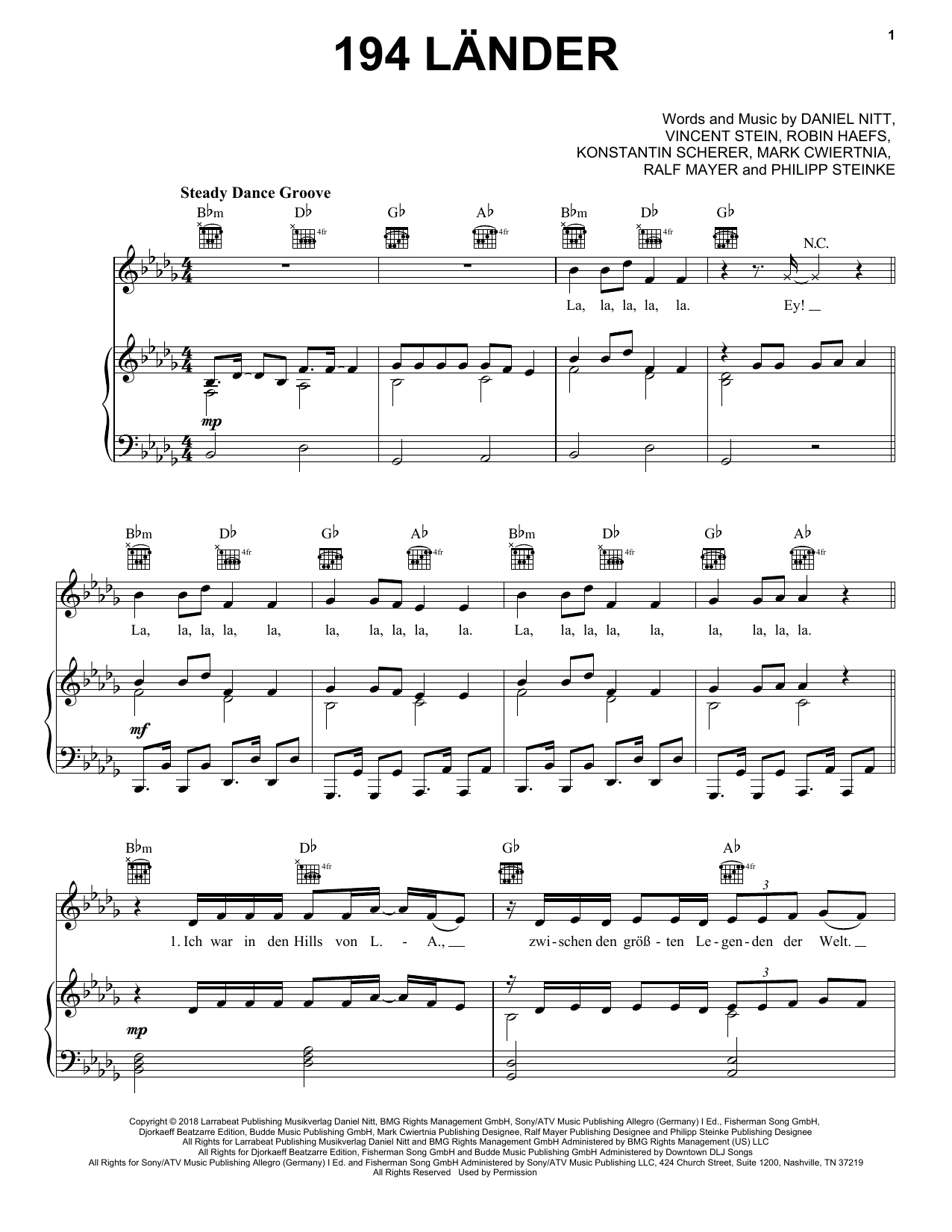 Mark Forster 194 Länder sheet music preview music notes and score for Piano, Vocal & Guitar (Right-Hand Melody) including 9 page(s)