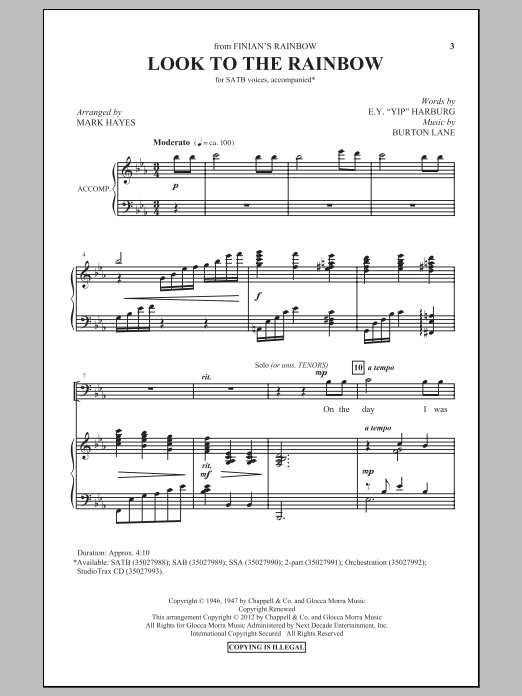 Learn to play Burton Lane Look To The Rainbow (arr. Mark Hayes) sheet music for SATB in minutes. Burton Lane Look To The Rainbow (arr. Mark Hayes) sheet music preview music notes and score for SATB including 13 page(s)
