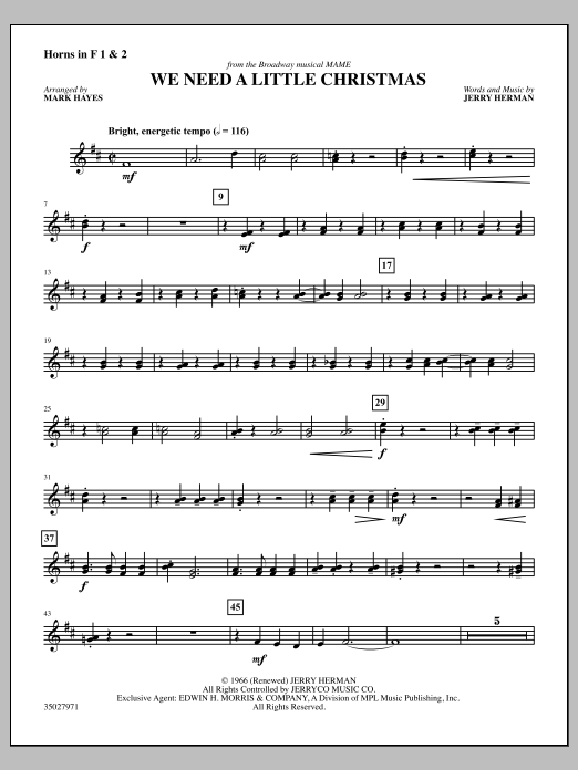 Learn to play Mark Hayes We Need a Little Christmas - F Horn 1 & 2 sheet music for Choir Instrumental Pak in minutes. Mark Hayes We Need a Little Christmas - F Horn 1 & 2 sheet music notes and chords