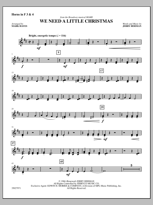 Learn to play Mark Hayes We Need a Little Christmas - F Horn 3 & 4 sheet music for Choir Instrumental Pak in minutes. Mark Hayes We Need a Little Christmas - F Horn 3 & 4 sheet music notes and chords