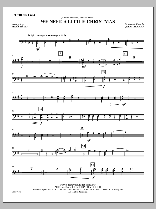 Learn to play Mark Hayes We Need a Little Christmas - Trombone 1 & 2 sheet music for Choir Instrumental Pak in minutes. Mark Hayes We Need a Little Christmas - Trombone 1 & 2 sheet music notes and chords