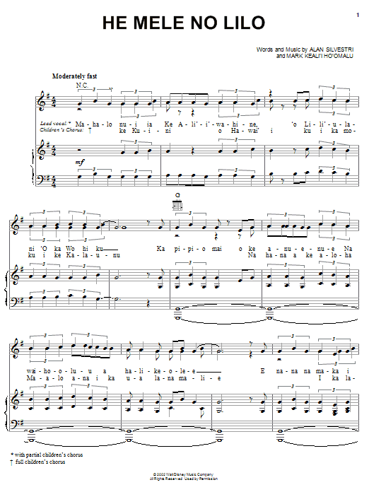 Learn to play Alan Silvestri He Mele No Lilo sheet music for Piano, Vocal & Guitar (Right-Hand Melody) in minutes. Alan Silvestri He Mele No Lilo sheet music preview music notes and score for Piano, Vocal & Guitar (Right-Hand Melody) including 6 page(s)