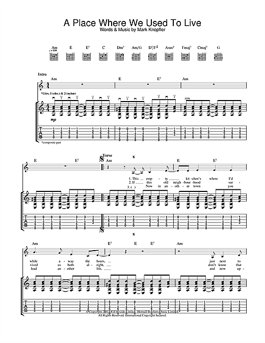 Learn to play Mark Knopfler A Place Where We Used To Live sheet music for Guitar Tab in minutes. Mark Knopfler A Place Where We Used To Live sheet music notes and chords