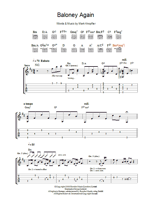 Learn to play Mark Knopfler Baloney Again sheet music for Guitar Tab in minutes. Mark Knopfler Baloney Again sheet music preview music notes and score for Guitar Tab including 13 page(s)