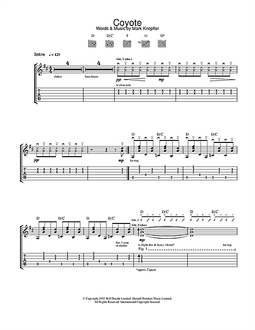 Learn to play Mark Knopfler Coyote sheet music for Guitar Tab in minutes. Mark Knopfler Coyote sheet music notes and chords