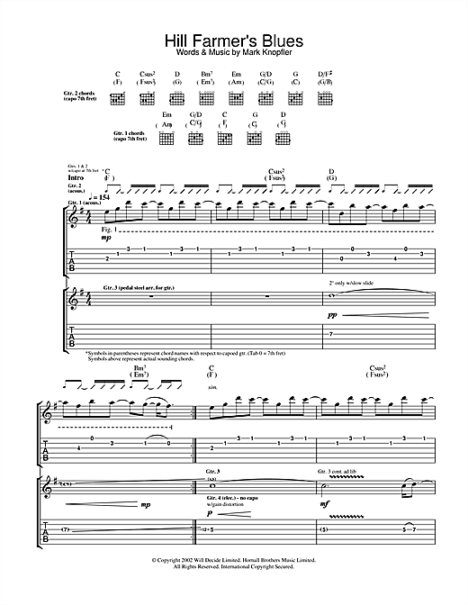 Learn to play Mark Knopfler Hill Farmer's Blues sheet music for Guitar Tab in minutes. Mark Knopfler Hill Farmer's Blues sheet music notes and chords