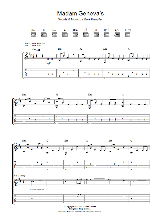 Learn to play Mark Knopfler Madame Geneva's sheet music for Guitar Tab in minutes. Mark Knopfler Madame Geneva's sheet music preview music notes and score for Guitar Tab including 9 page(s)