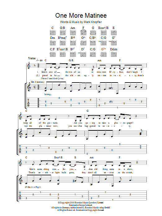 Learn to play Mark Knopfler One More Matinee sheet music for Guitar Tab in minutes. Mark Knopfler One More Matinee sheet music preview music notes and score for Guitar Tab including 8 page(s)