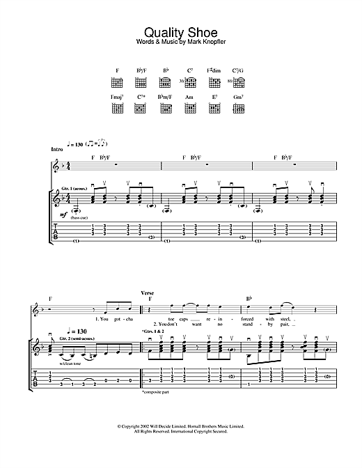 Learn to play Mark Knopfler Quality Shoe sheet music for Guitar Tab in minutes. Mark Knopfler Quality Shoe sheet music notes and chords