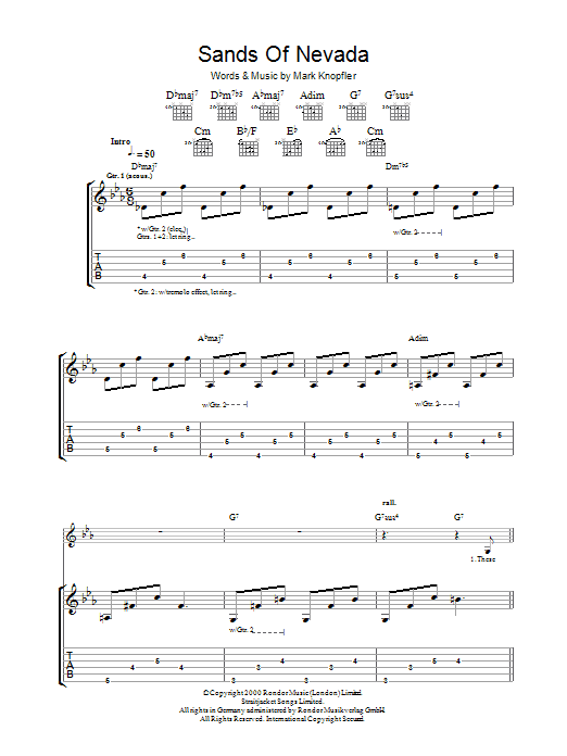 Learn to play Mark Knopfler Sands Of Nevada sheet music for Guitar Tab in minutes. Mark Knopfler Sands Of Nevada sheet music preview music notes and score for Guitar Tab including 8 page(s)