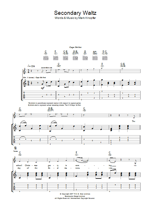 Learn to play Mark Knopfler Secondary Waltz sheet music for Guitar Tab in minutes. Mark Knopfler Secondary Waltz sheet music preview music notes and score for Guitar Tab including 7 page(s)