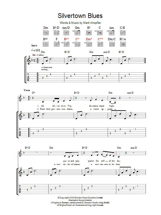 Learn to play Mark Knopfler Silvertown Blues sheet music for Guitar Tab in minutes. Mark Knopfler Silvertown Blues sheet music preview music notes and score for Guitar Tab including 15 page(s)