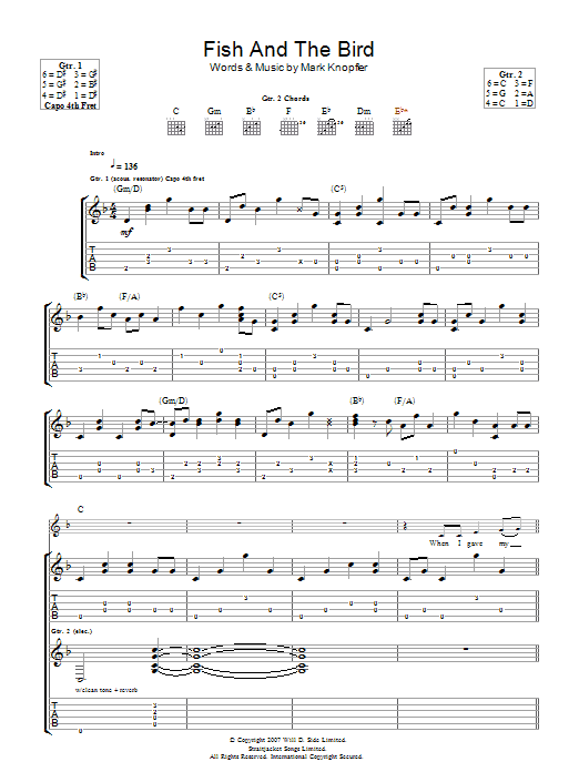 Learn to play Mark Knopfler The Fish And The Bird sheet music for Guitar Tab in minutes. Mark Knopfler The Fish And The Bird sheet music preview music notes and score for Guitar Tab including 7 page(s)
