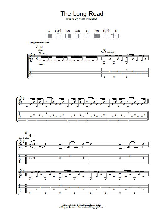 Mark Knopfler The Long Road (from Cal) sheet music preview music notes and score for Guitar Tab including 8 page(s)
