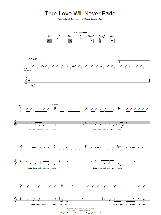Learn to play Mark Knopfler True Love Will Never Fade sheet music for Guitar Tab in minutes. Mark Knopfler True Love Will Never Fade sheet music preview music notes and score for Guitar Tab including 6 page(s)