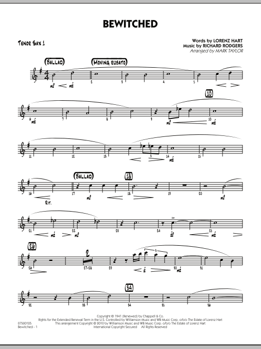 Learn to play Mark Taylor Bewitched - Tenor Sax 1 sheet music for Jazz Ensemble in minutes. Mark Taylor Bewitched - Tenor Sax 1 sheet music preview music notes and score for Jazz Ensemble including 2 page(s)