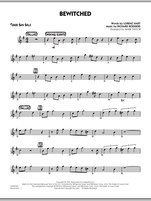 Learn to play Mark Taylor Bewitched - Tenor Sax Solo sheet music for Jazz Ensemble in minutes. Mark Taylor Bewitched - Tenor Sax Solo sheet music preview music notes and score for Jazz Ensemble including 2 page(s)
