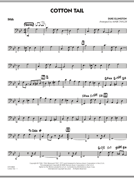 Learn to play Mark Taylor Cotton Tail - Bass sheet music for Jazz Ensemble in minutes. Mark Taylor Cotton Tail - Bass sheet music preview music notes and score for Jazz Ensemble including 3 page(s)