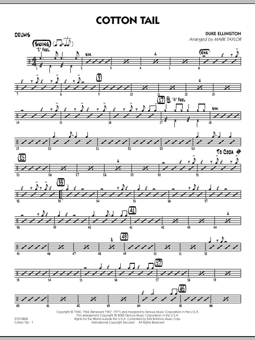 Learn to play Mark Taylor Cotton Tail - Drums sheet music for Jazz Ensemble in minutes. Mark Taylor Cotton Tail - Drums sheet music preview music notes and score for Jazz Ensemble including 2 page(s)