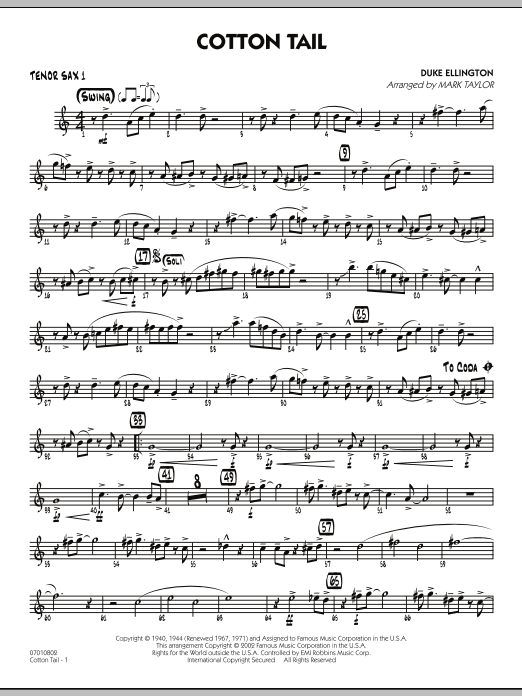 Learn to play Mark Taylor Cotton Tail - Tenor Sax 1 sheet music for Jazz Ensemble in minutes. Mark Taylor Cotton Tail - Tenor Sax 1 sheet music preview music notes and score for Jazz Ensemble including 2 page(s)