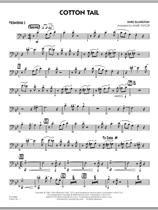 Learn to play Mark Taylor Cotton Tail - Trombone 2 sheet music for Jazz Ensemble in minutes. Mark Taylor Cotton Tail - Trombone 2 sheet music preview music notes and score for Jazz Ensemble including 2 page(s)