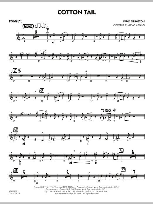 Learn to play Mark Taylor Cotton Tail - Trumpet 1 sheet music for Jazz Ensemble in minutes. Mark Taylor Cotton Tail - Trumpet 1 sheet music preview music notes and score for Jazz Ensemble including 2 page(s)