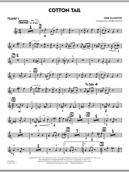 Learn to play Mark Taylor Cotton Tail - Trumpet 2 sheet music for Jazz Ensemble in minutes. Mark Taylor Cotton Tail - Trumpet 2 sheet music preview music notes and score for Jazz Ensemble including 2 page(s)