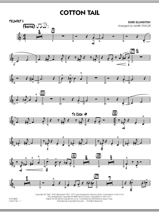 Learn to play Mark Taylor Cotton Tail - Trumpet 3 sheet music for Jazz Ensemble in minutes. Mark Taylor Cotton Tail - Trumpet 3 sheet music preview music notes and score for Jazz Ensemble including 2 page(s)
