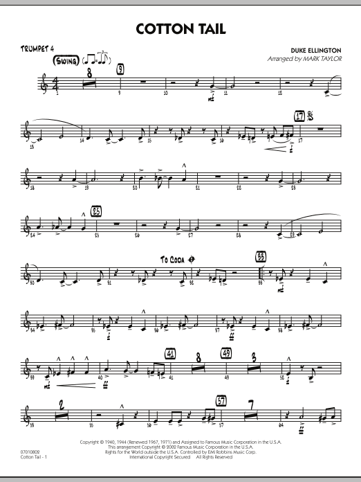 Learn to play Mark Taylor Cotton Tail - Trumpet 4 sheet music for Jazz Ensemble in minutes. Mark Taylor Cotton Tail - Trumpet 4 sheet music preview music notes and score for Jazz Ensemble including 2 page(s)