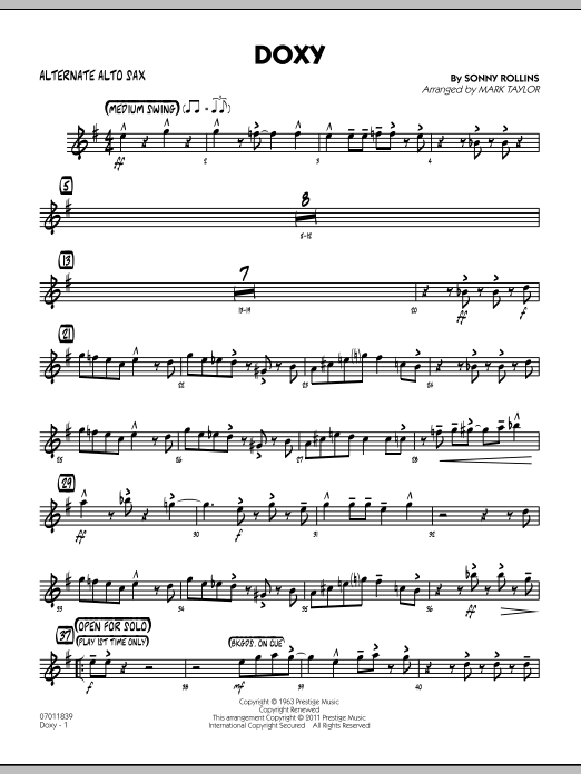 Learn to play Mark Taylor Doxy - Alternate Alto Sax sheet music for Jazz Ensemble in minutes. Mark Taylor Doxy - Alternate Alto Sax sheet music preview music notes and score for Jazz Ensemble including 2 page(s)