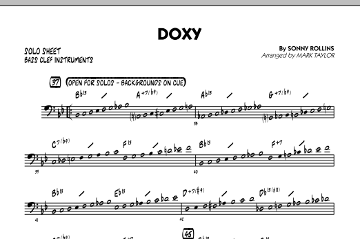 Learn to play Mark Taylor Doxy - Bass Clef Solo Sheet sheet music for Jazz Ensemble in minutes. Mark Taylor Doxy - Bass Clef Solo Sheet sheet music preview music notes and score for Jazz Ensemble including 1 page(s)