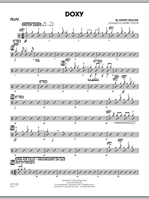 Learn to play Mark Taylor Doxy - Drums sheet music for Jazz Ensemble in minutes. Mark Taylor Doxy - Drums sheet music preview music notes and score for Jazz Ensemble including 2 page(s)