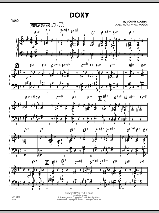 Learn to play Mark Taylor Doxy - Piano sheet music for Jazz Ensemble in minutes. Mark Taylor Doxy - Piano sheet music preview music notes and score for Jazz Ensemble including 3 page(s)