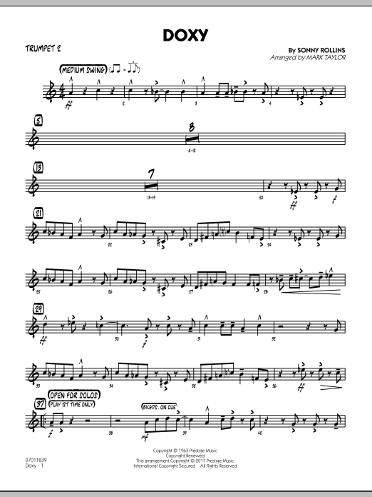 Learn to play Mark Taylor Doxy - Trumpet 2 sheet music for Jazz Ensemble in minutes. Mark Taylor Doxy - Trumpet 2 sheet music preview music notes and score for Jazz Ensemble including 2 page(s)