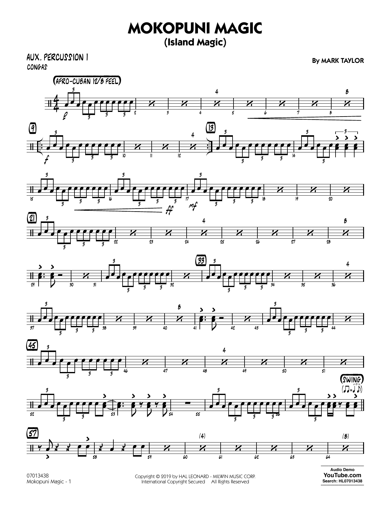 Learn to play Mark Taylor Mokopuni Magic (Island Magic) - Aux. Percussion 1 sheet music for Jazz Ensemble in minutes. Mark Taylor Mokopuni Magic (Island Magic) - Aux. Percussion 1 sheet music preview music notes and score for Jazz Ensemble including 3 page(s)