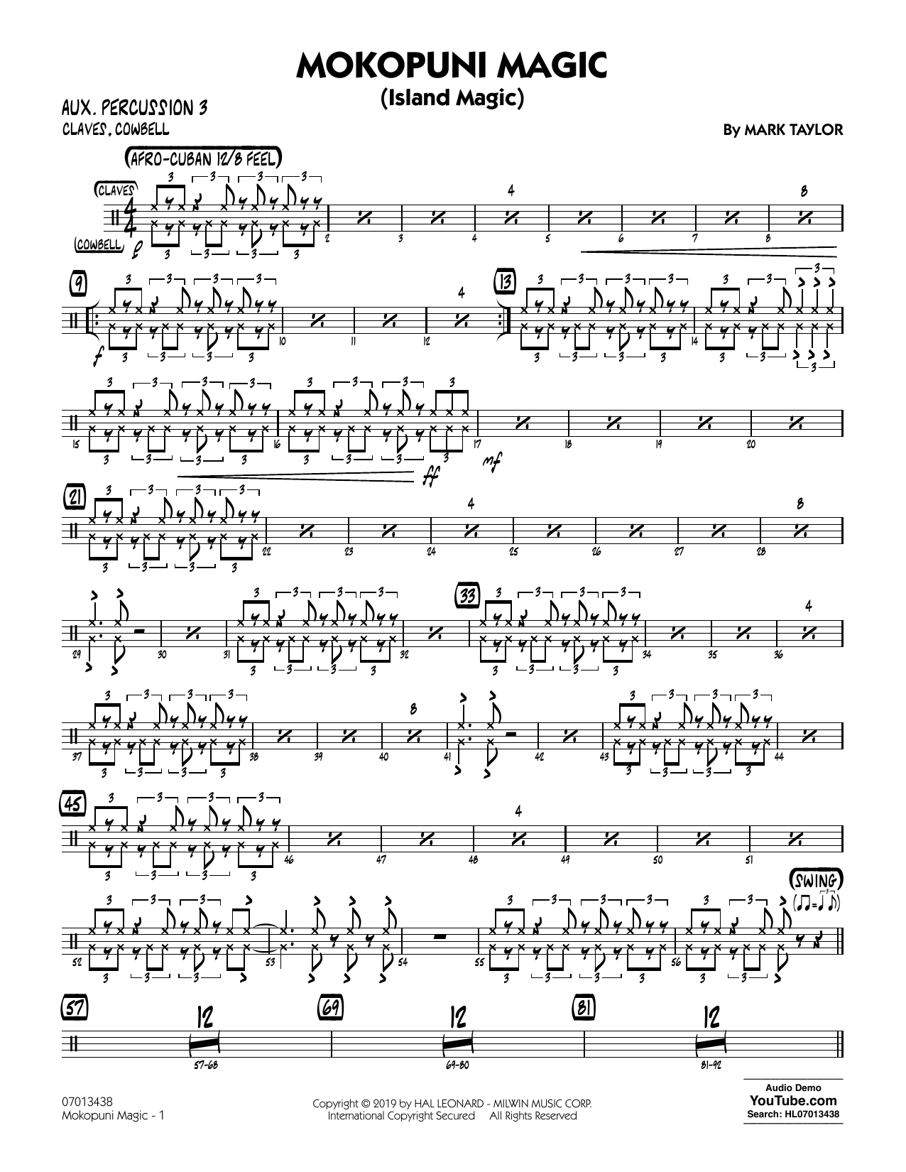 Learn to play Mark Taylor Mokopuni Magic (Island Magic) - Aux. Percussion 3 sheet music for Jazz Ensemble in minutes. Mark Taylor Mokopuni Magic (Island Magic) - Aux. Percussion 3 sheet music preview music notes and score for Jazz Ensemble including 2 page(s)