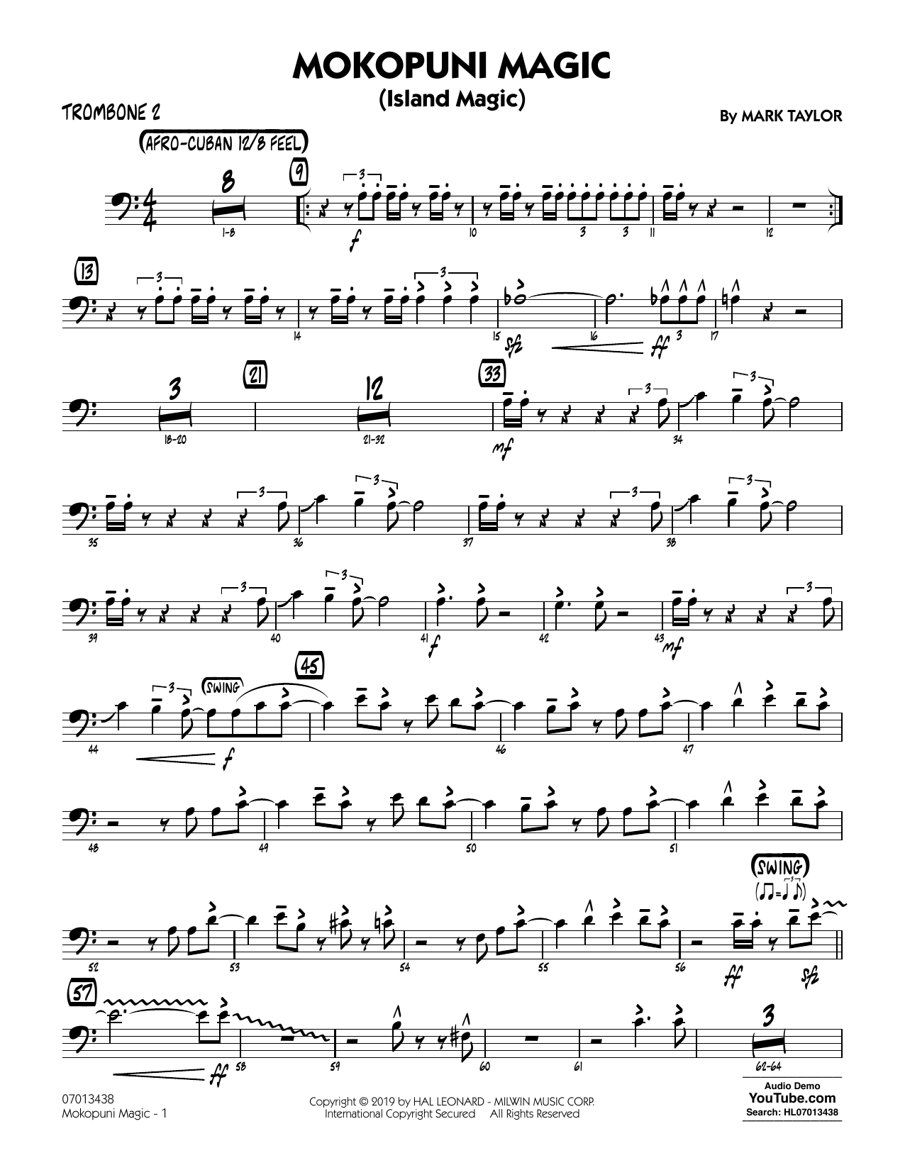 Learn to play Mark Taylor Mokopuni Magic (Island Magic) - Trombone 2 sheet music for Jazz Ensemble in minutes. Mark Taylor Mokopuni Magic (Island Magic) - Trombone 2 sheet music preview music notes and score for Jazz Ensemble including 3 page(s)