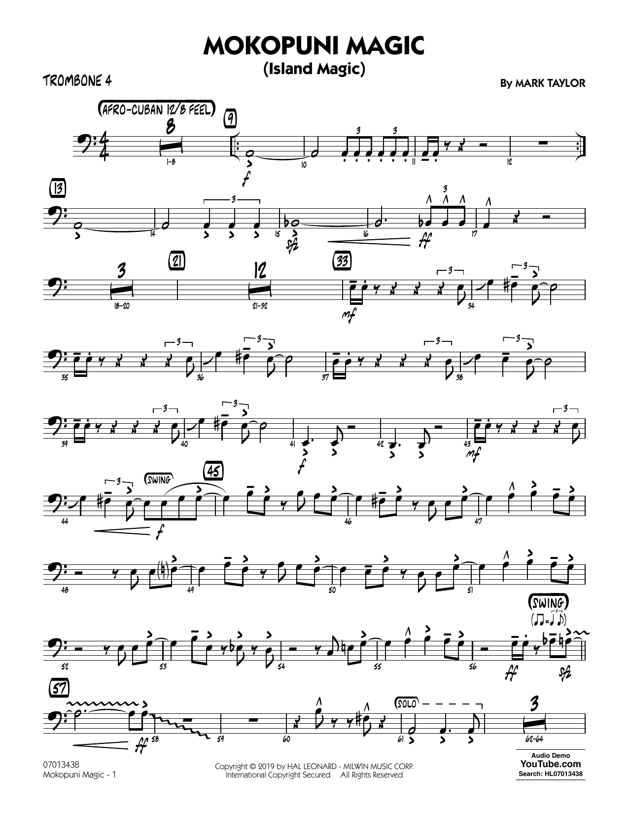 Learn to play Mark Taylor Mokopuni Magic (Island Magic) - Trombone 4 sheet music for Jazz Ensemble in minutes. Mark Taylor Mokopuni Magic (Island Magic) - Trombone 4 sheet music preview music notes and score for Jazz Ensemble including 3 page(s)