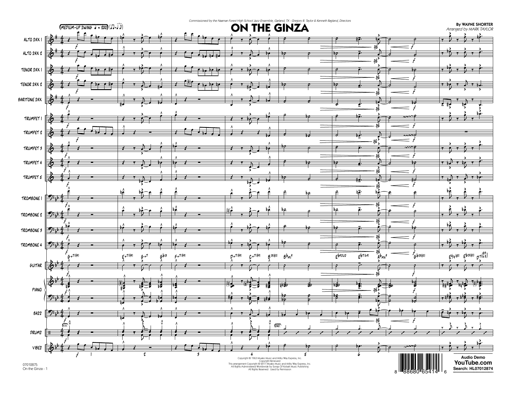 Learn to play Mark Taylor On The Ginza - Conductor Score (Full Score) sheet music for Jazz Ensemble in minutes. Mark Taylor On The Ginza - Conductor Score (Full Score) sheet music preview music notes and score for Jazz Ensemble including 20 page(s)