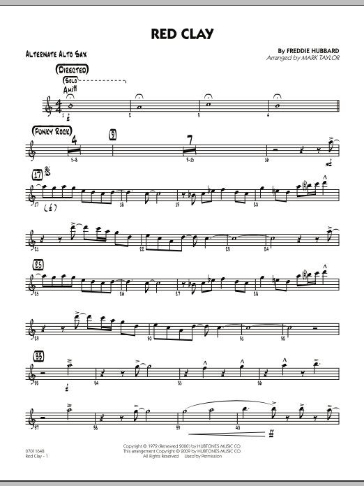 Learn to play Mark Taylor Red Clay - Alternate Alto Sax sheet music for Jazz Ensemble in minutes. Mark Taylor Red Clay - Alternate Alto Sax sheet music preview music notes and score for Jazz Ensemble including 3 page(s)