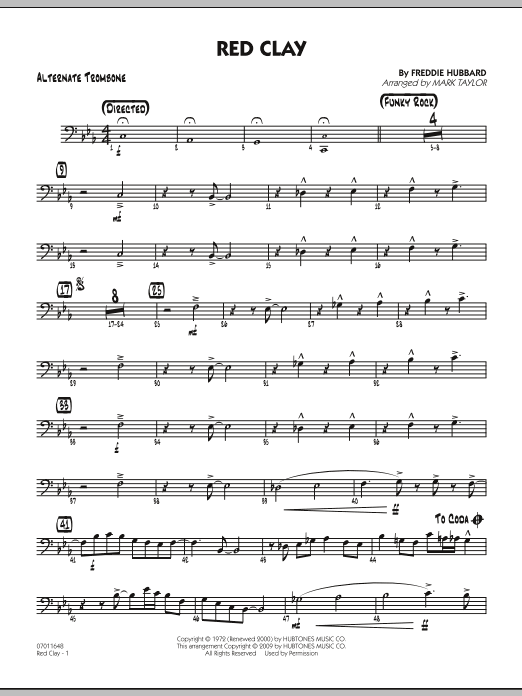 Learn to play Mark Taylor Red Clay - Alternate Trombone sheet music for Jazz Ensemble in minutes. Mark Taylor Red Clay - Alternate Trombone sheet music preview music notes and score for Jazz Ensemble including 2 page(s)
