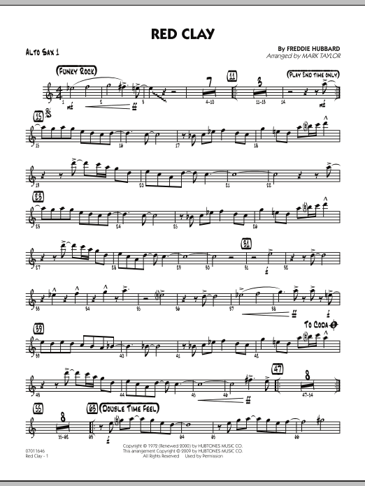 Learn to play Mark Taylor Red Clay - Alto Sax 1 sheet music for Jazz Ensemble in minutes. Mark Taylor Red Clay - Alto Sax 1 sheet music preview music notes and score for Jazz Ensemble including 2 page(s)