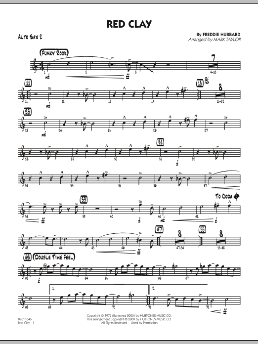 Learn to play Mark Taylor Red Clay - Alto Sax 2 sheet music for Jazz Ensemble in minutes. Mark Taylor Red Clay - Alto Sax 2 sheet music preview music notes and score for Jazz Ensemble including 2 page(s)