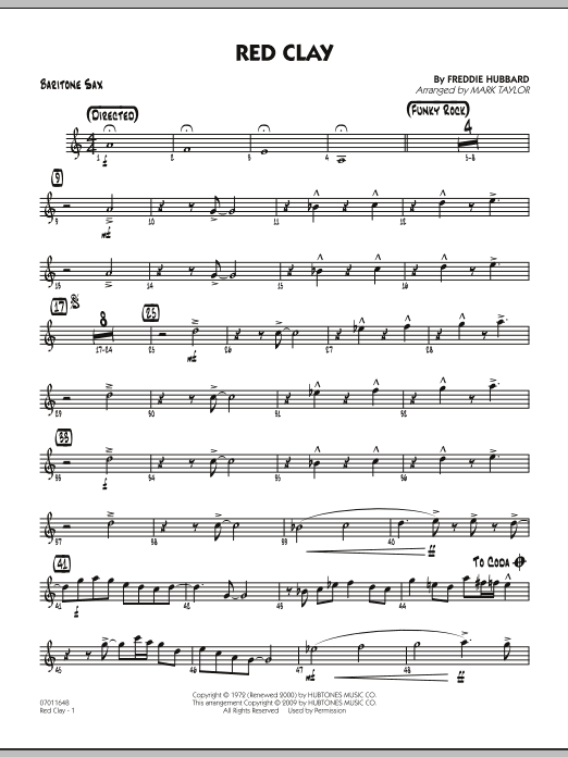 Learn to play Mark Taylor Red Clay - Baritone Sax sheet music for Jazz Ensemble in minutes. Mark Taylor Red Clay - Baritone Sax sheet music preview music notes and score for Jazz Ensemble including 2 page(s)