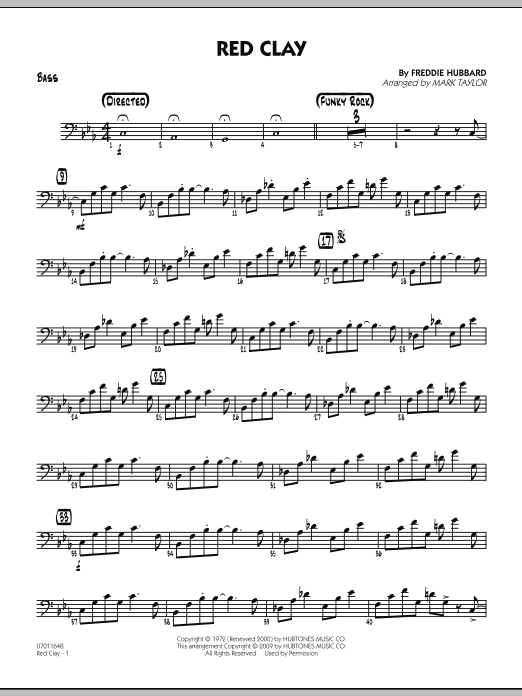 Learn to play Mark Taylor Red Clay - Bass sheet music for Jazz Ensemble in minutes. Mark Taylor Red Clay - Bass sheet music preview music notes and score for Jazz Ensemble including 3 page(s)