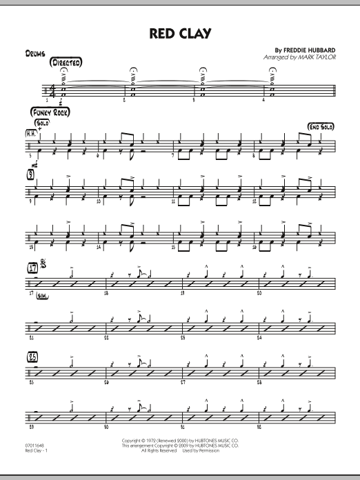 Learn to play Mark Taylor Red Clay - Drums sheet music for Jazz Ensemble in minutes. Mark Taylor Red Clay - Drums sheet music preview music notes and score for Jazz Ensemble including 3 page(s)